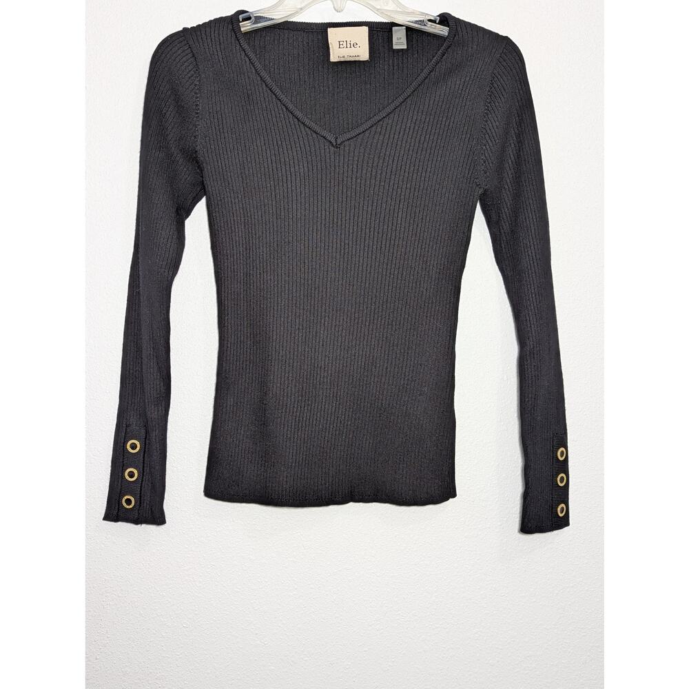 Elie Tahari Womens V-Neck Ribbed Long Sleeve Pullover Sweater Top Black Size S/P